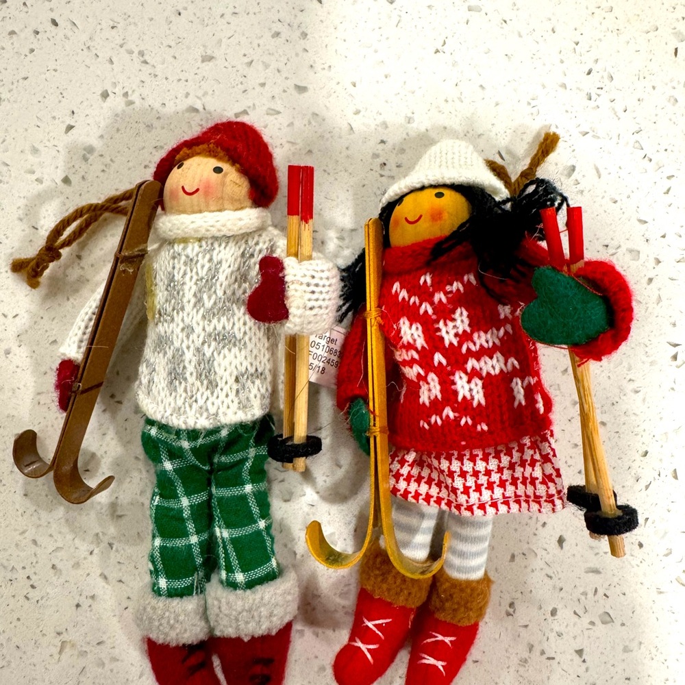 Target brand Christmas ornaments- 2 knit skiers red green white